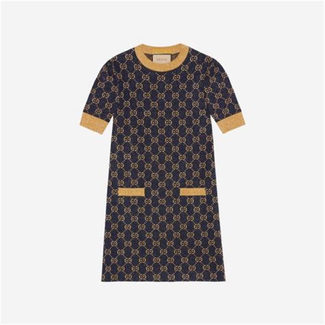 gucci gold lame dress|GUCCI navy & gold 2022 GG LAME JACQUARD KNIT MINI .